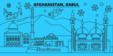 Afganistan, Kabil kış tatil manzarası. Mutlu Noeller, mutlu yeni yıl afiş Santa Claus.Flat, Anahat vektör ile dekore edilmiştir. Afganistan, Kabil doğrusal Noel şehir şekil