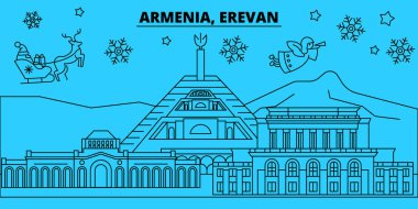 Ermenistan, Erevan kış tatil manzarası. Mutlu Noeller, mutlu yeni yıl afiş Santa Claus.Flat, Anahat vektör ile dekore edilmiştir. Ermenistan, Erevan doğrusal Noel şehir şekil