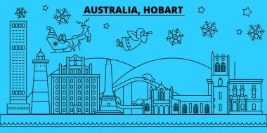Avustralya Hobart kış tatil manzarası. Mutlu Noeller, mutlu yeni yıl afiş Santa Claus.Flat, Anahat vektör ile dekore edilmiştir. Avustralya, Hobart doğrusal Noel şehir şekil