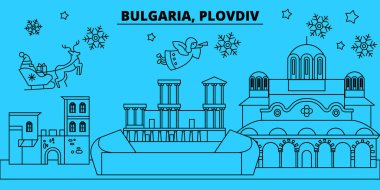 Bulgaristan, Plovdiv kış tatil manzarası. Mutlu Noeller, mutlu yeni yıl afiş Santa Claus.Bulgaria, Plovdiv doğrusal Noel şehir vektör düz çizim ile dekore edilmiş