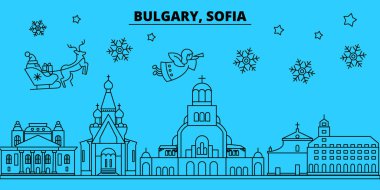 Bulgaristan, Sofya kış tatil manzarası. Mutlu Noeller, mutlu yeni yıl afiş Santa Claus.Bulgaria, Sofia doğrusal Noel şehir vektör düz çizim ile dekore edilmiş