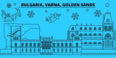 Bulgaristan, Varna, Golden Sands kış tatil manzarası. Mutlu Noeller, mutlu yeni yıl Noel Baba Claus.Bulgaria, Varna, Golden Sands doğrusal Noel şehir vektör düz çizim ile