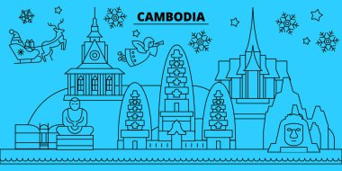 Kamboçya kış tatil manzarası. Mutlu Noeller, mutlu yeni yıl afiş Santa Claus.Cambodia doğrusal Noel şehir vektör düz çizim ile dekore edilmiş