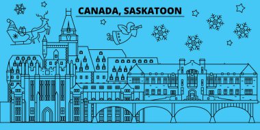 Kanada, Saskatoon kış tatil manzarası. Mutlu Noeller, mutlu yeni yıl afiş Santa Claus.Canada, Saskatoon doğrusal Noel şehir vektör düz çizim ile dekore edilmiş