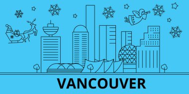 Kanada, Vancouver Kış tatil manzarası. Mutlu Noeller, mutlu yeni yıl afiş Santa Claus.Canada, Vancouver doğrusal Noel şehir vektör düz çizim ile dekore edilmiş