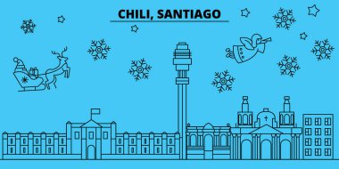 Şili, Santiago de Chile kış tatil manzarası. Mutlu Noeller, mutlu yeni yıl afiş Santa Claus.Chile, Santiago de Chile doğrusal Noel şehir vektör düz çizim ile dekore edilmiş