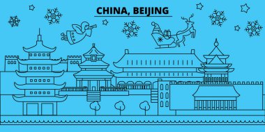 Çin, Beijing şehir kış tatil manzarası. Mutlu Noeller, mutlu yeni yıl afiş Santa Claus.China, Beijing şehir doğrusal Noel şehir vektör düz çizim ile dekore edilmiş