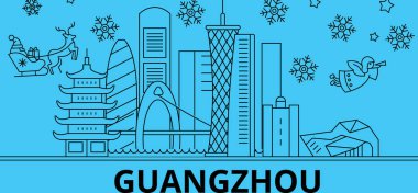 Çin Guangzhou kış tatil manzarası. Mutlu Noeller, mutlu yeni yıl afiş Santa Claus.China, Guangzhou doğrusal Noel şehir vektör düz çizim ile dekore edilmiş