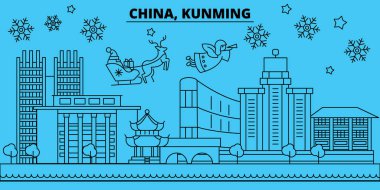 Çin, Kunming kış tatil manzarası. Mutlu Noeller, mutlu yeni yıl afiş Santa Claus.China, Kunming doğrusal Noel şehir vektör düz çizim ile dekore edilmiş