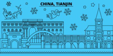 Çin, Tianjin kış tatil manzarası. Mutlu Noeller, mutlu yeni yıl afiş Santa Claus.China, Tianjin doğrusal Noel şehir vektör düz çizim ile dekore edilmiş