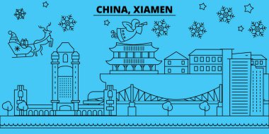 Çin, Xiamen kış tatil manzarası. Mutlu Noeller, mutlu yeni yıl afiş Santa Claus.China, Xiamen doğrusal Noel şehir vektör düz çizim ile dekore edilmiş