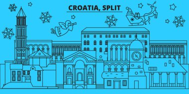 Hırvatistan Split kış tatil manzarası. Mutlu Noeller, mutlu yeni yıl afiş Santa Claus.Croatia, Split doğrusal Noel şehir vektör düz çizim ile dekore edilmiş