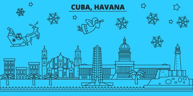 Küba, Havana kış tatil manzarası. Mutlu Noeller, mutlu yeni yıl afiş Santa Claus.Cuba, Havana doğrusal Noel şehir vektör düz çizim ile dekore edilmiş