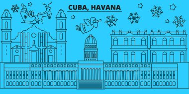 Küba, Havana şehir kış tatil manzarası. Mutlu Noeller, mutlu yeni yıl afiş Santa Claus.Cuba, Havana şehir doğrusal Noel şehir vektör düz çizim ile dekore edilmiş