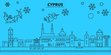 Kıbrıs kış tatil manzarası. Mutlu Noeller, mutlu yeni yıl afiş Santa Claus.Cyprus doğrusal Noel şehir vektör düz çizim ile dekore edilmiş