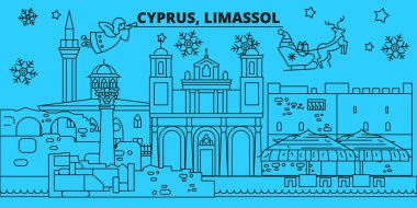 Kıbrıs, Limasol kış tatil manzarası. Mutlu Noeller, mutlu yeni yıl afiş Santa Claus.Cyprus, Limasol doğrusal Noel şehir vektör düz çizim ile dekore edilmiş