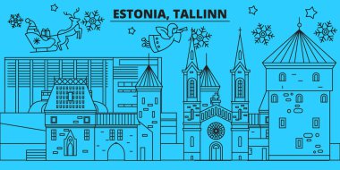 Estonya, Tallinn kış tatil manzarası. Mutlu Noeller, mutlu yeni yıl afiş Santa Claus.Estonia, Tallinn doğrusal Noel şehir vektör düz çizim ile dekore edilmiş