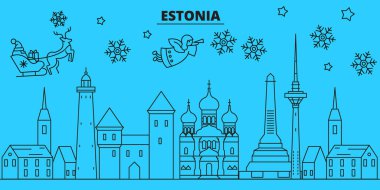 Estonya kış tatil manzarası. Mutlu Noeller, mutlu yeni yıl afiş Santa Claus.Estonia doğrusal Noel şehir vektör düz çizim ile dekore edilmiş