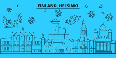 Finlandiya, Helsinki kış tatil manzarası. Mutlu Noeller, mutlu yeni yıl afiş Santa Claus.Finland, Helsinki doğrusal Noel şehir vektör düz çizim ile dekore edilmiş