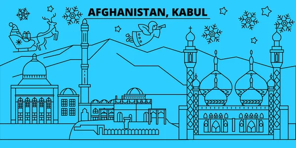 Афганистан, Кабул зимние каникулы горизонтом. Счастливого Рождества, С Новым годом, украшенный баннер с Дедом Морозом. — стоковый вектор