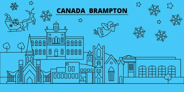 Canada, Brampton vacances d'hiver skyline. Joyeux Noël, Bonne année décorée bannière avec Santa Claus.Canada, Brampton linéaire Noël ville vecteur plat illustration — Image vectorielle