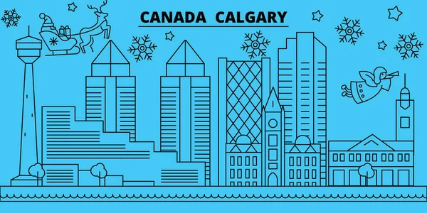V kanadském Calgary zimní prázdniny Panorama. Veselé Vánoce, šťastný nový rok zdobené banner s Santa Claus.Canada, Calgary lineární vánoční město vektorové plochý ilustrace — Stockový vektor