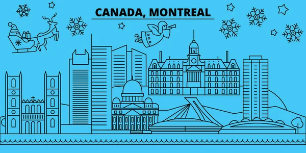 Kanada, Montreal vintern semester silhuett. God jul, gott nytt år dekorerad banner med Santa Claus.Canada, Montreal linjär jul city platt vektorillustration — Stock vektor