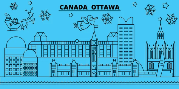 캐나다, 오타와 겨울 휴일 스카이 라인입니다. 메리 크리스마스, 해피 뉴가 어 장식 산타 Claus.Canada, 오타와 선형 크리스마스 도시 벡터 평면 일러스트와 배너 — 스톡 벡터