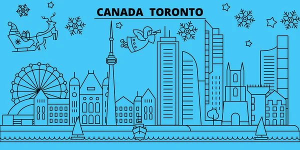 Canadá, Toronto ciudad vacaciones de invierno horizonte. Feliz Navidad, Feliz Año Nuevo decorado banner con Santa Claus.Canada, Toronto ciudad lineal navidad ciudad vector plano ilustración — Vector de stock