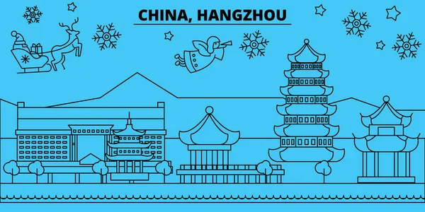 China, Hangzhou horizonte de vacaciones de invierno. Feliz Navidad, Feliz Año Nuevo decorado banner con Santa Claus.China, Hangzhou lineal navidad ciudad vector plana ilustración — Vector de stock
