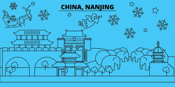 China, Nanjing horizonte de vacaciones de invierno. Feliz Navidad, Feliz Año Nuevo decorado banner con Santa Claus.China, Nanjing lineal navidad ciudad vector plana ilustración — Vector de stock