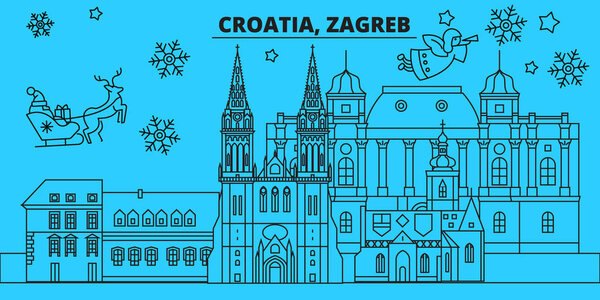 Croatia, Zagreb winter holidays skyline. Merry Christmas, Happy New Year decorated banner with Santa Claus.Flat, outline vector.Croatia, Zagreb linear christmas city illustration