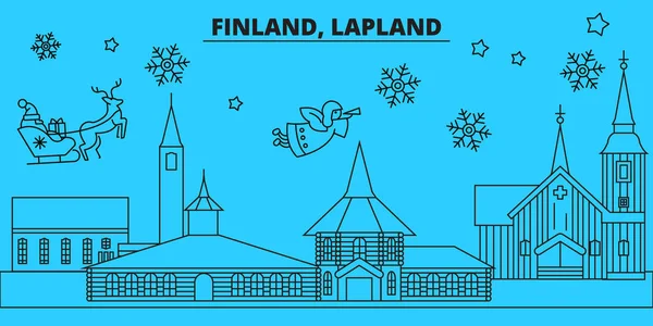 Φινλανδία, Λαπωνία χειμερινές διακοπές στον ορίζοντα. Καλά Χριστούγεννα, ευτυχισμένο το νέο έτος διακόσμηση πανό με Santa Claus.Finland, γραμμική Χριστούγεννα πόλη διανυσματικά εικονογράφηση επίπεδη Λαπωνία — Διανυσματικό Αρχείο