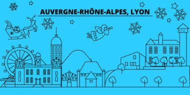 Fransa, Lyon kış tatil manzarası. Mutlu Noeller, mutlu yeni yıl afiş Santa Claus.France, Lyon doğrusal Noel şehir vektör düz çizim ile dekore edilmiş