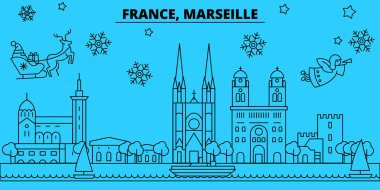 Fransa Marsilya kış tatil manzarası. Mutlu Noeller, mutlu yeni yıl afiş Santa Claus.France, Marsilya doğrusal Noel şehir vektör düz çizim ile dekore edilmiş