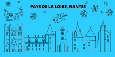 Fransa, Nantes kış tatil manzarası. Mutlu Noeller, mutlu yeni yıl afiş Santa Claus.France, Nantes doğrusal Noel şehir vektör düz çizim ile dekore edilmiş