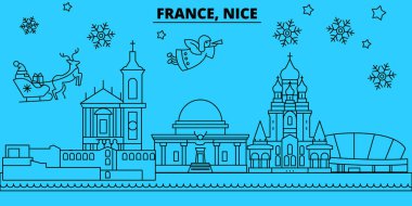 Fransa, güzel kış tatil manzarası. Mutlu Noeller, mutlu yeni yıl afiş Santa Claus.France, güzel doğrusal Noel şehir vektör düz çizim ile dekore edilmiş