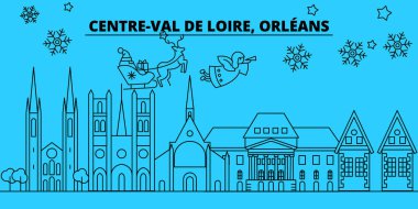 Fransa, Orleans kış tatil manzarası. Mutlu Noeller, mutlu yeni yıl afiş Santa Claus.France, Orleans doğrusal Noel şehir vektör düz çizim ile dekore edilmiş