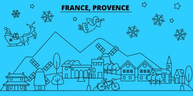 Fransa, Provence kış tatil manzarası. Mutlu Noeller, mutlu yeni yıl afiş Santa Claus.France, Provence doğrusal Noel şehir vektör düz çizim ile dekore edilmiş