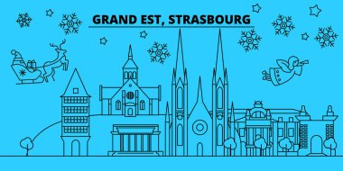 Fransa Strasbourg kış tatil manzarası. Mutlu Noeller, mutlu yeni yıl afiş Santa Claus.France, Strasbourg doğrusal Noel şehir vektör düz çizim ile dekore edilmiş