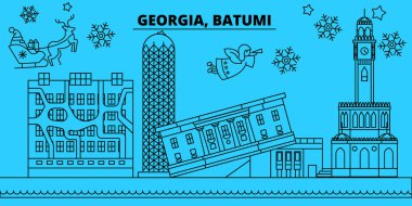 Gürcistan, Batum kış tatil manzarası. Mutlu Noeller, mutlu yeni yıl afiş Santa Claus.Georgia, Batum doğrusal Noel şehir vektör düz çizim ile dekore edilmiş