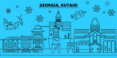 Georgia, Kutaisi kış tatil manzarası. Mutlu Noeller, mutlu yeni yıl afiş Santa Claus.Georgia, Kutaisi doğrusal Noel şehir vektör düz çizim ile dekore edilmiş