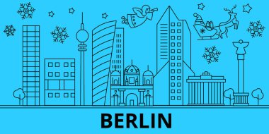 Almanya, Berlin kış tatil manzarası. Mutlu Noeller, mutlu yeni yıl afiş Santa Claus.Germany, Berlin doğrusal Noel şehir vektör düz çizim ile dekore edilmiş