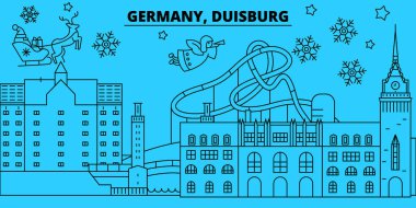 Almanya, Duisburg kış tatil manzarası. Mutlu Noeller, mutlu yeni yıl afiş Santa Claus.Germany, Duisburg doğrusal Noel şehir vektör düz çizim ile dekore edilmiş