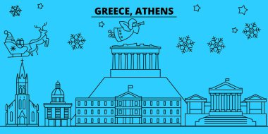 Yunanistan, Atina kış tatil manzarası. Mutlu Noeller, mutlu yeni yıl afiş Santa Claus.Greece, Atina doğrusal Noel şehir vektör düz çizim ile dekore edilmiş