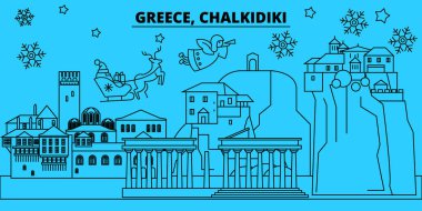 Yunanistan, Chalkidiki kış tatil manzarası. Mutlu Noeller, mutlu yeni yıl afiş Santa Claus.Greece, Chalkidiki doğrusal Noel şehir vektör düz çizim ile dekore edilmiş