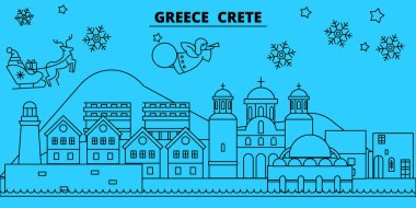 Yunanistan Crete kış tatil manzarası. Mutlu Noeller, mutlu yeni yıl afiş Santa Claus.Greece, Crete doğrusal Noel şehir vektör düz çizim ile dekore edilmiş
