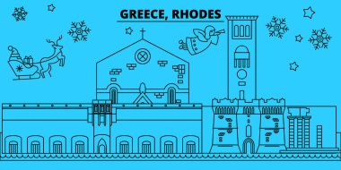 Yunanistan, Rhodes kış tatil manzarası. Mutlu Noeller, mutlu yeni yıl afiş Santa Claus.Greece, Rhodes doğrusal Noel şehir vektör düz çizim ile dekore edilmiş