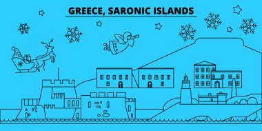 Yunanistan, Saronic Islands kış tatil manzarası. Mutlu Noeller, mutlu yeni yıl afiş Santa Claus.Greece, Saronic Islands doğrusal Noel şehir vektör düz çizim ile dekore edilmiş