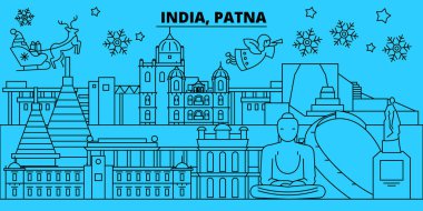 Hindistan, Patna kış tatil manzarası. Mutlu Noeller, mutlu yeni yıl afiş Santa Claus.India, Patna doğrusal Noel şehir vektör düz çizim ile dekore edilmiş